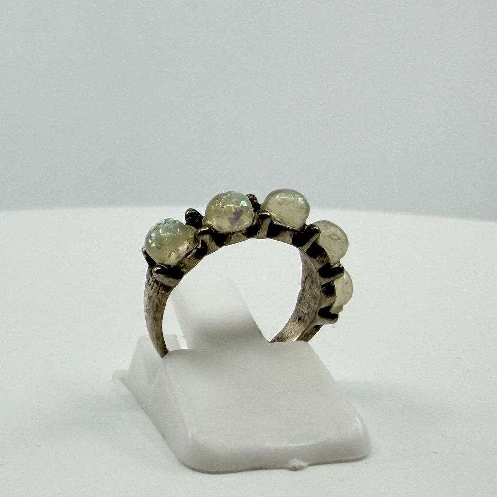 Y2K Silver Tone Opal Stone Iridescent Ring Celestial Boho Statement Gift Unique